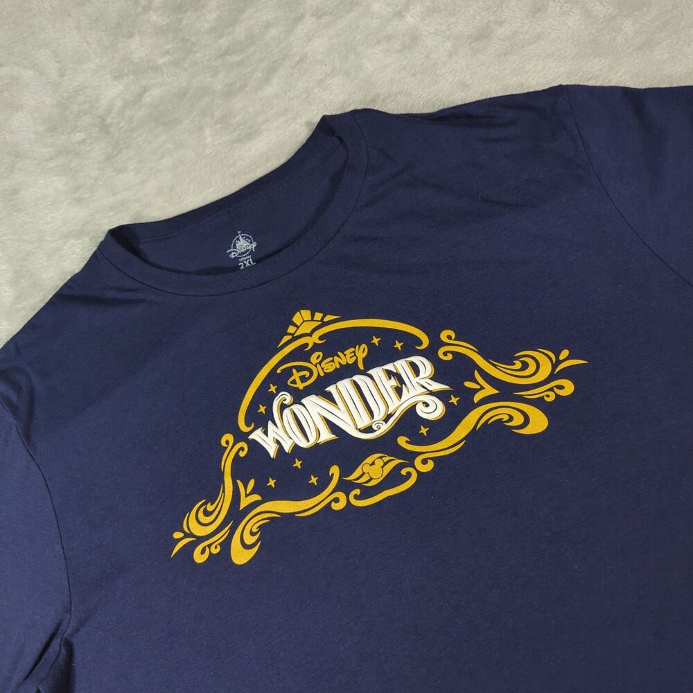 Disney Cruise Line Mens 2XL Disney Wonder Shirt Navy Blue Gold Filigree Graphic